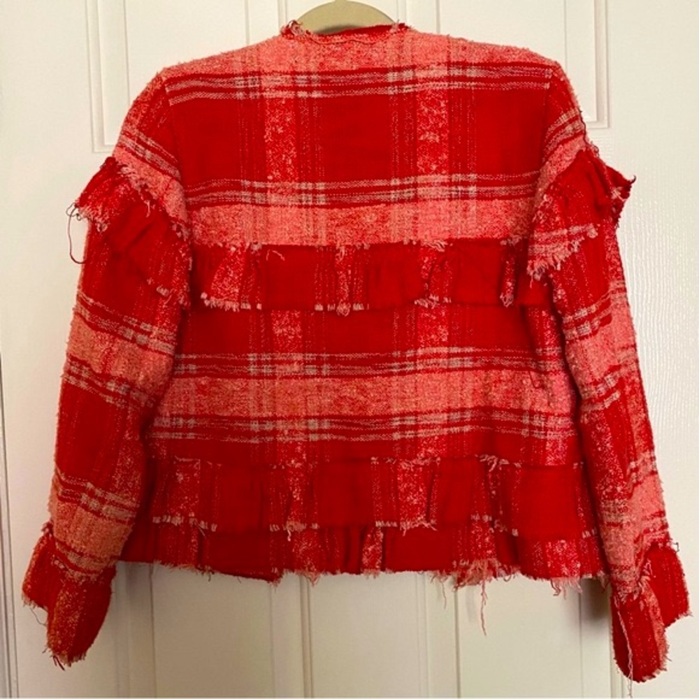 Red Tweed Crop Jacket - Checkered Pattern - image 2
